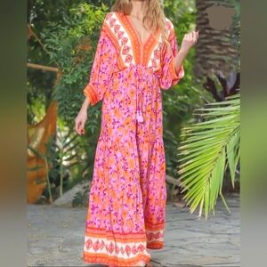 Aakaa Pink & Orange Floral Boho Balloon Sleeve V Neck Tiered Maxi Dress Medium